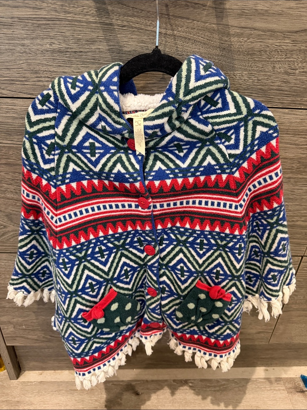 Matilda Jane Blue, Green & Red Geometric Hooded Knit Poncho